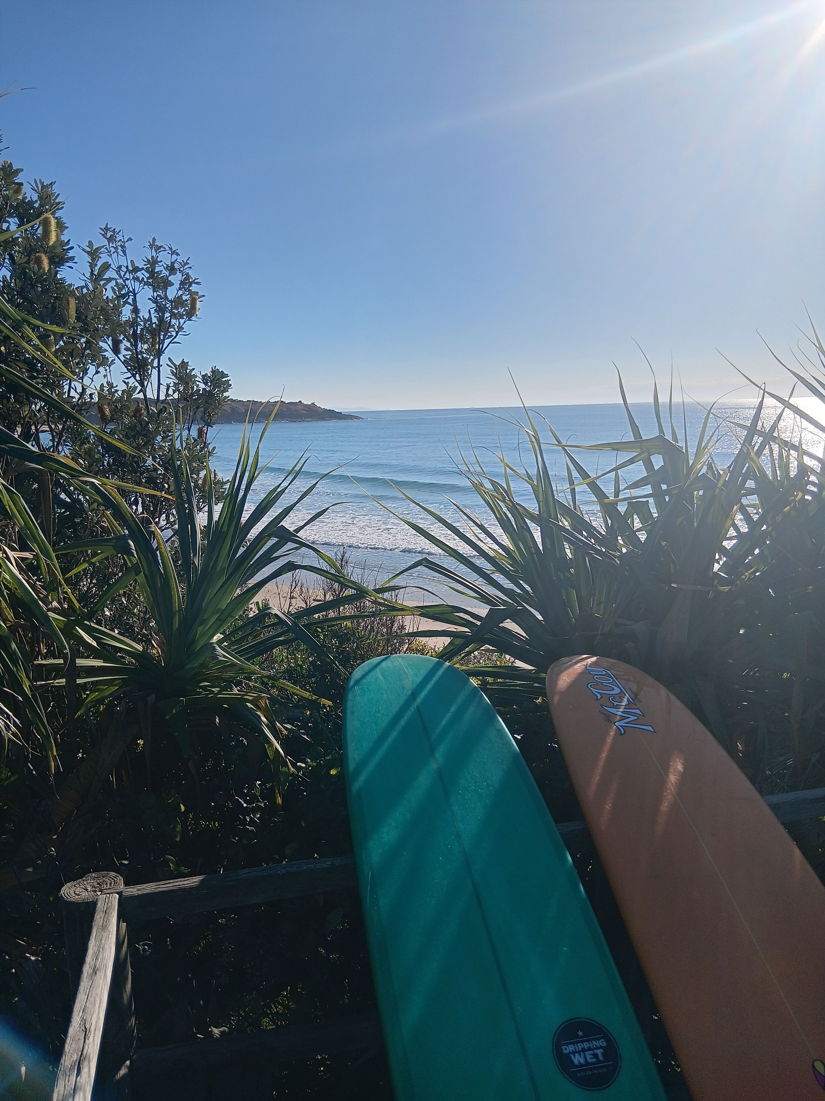 A view of the ocean with a surfboard leaning against a railing, surrounded by greenery.