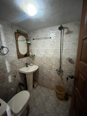 Un baño con inodoro, lavamanos, espejo y ducha.