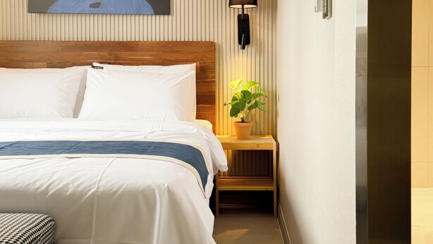 A hotel room with a wooden headboard, a bed with white linens, a bedside table with a lamp, and a potted plant. - Unistay (Dongducheon)