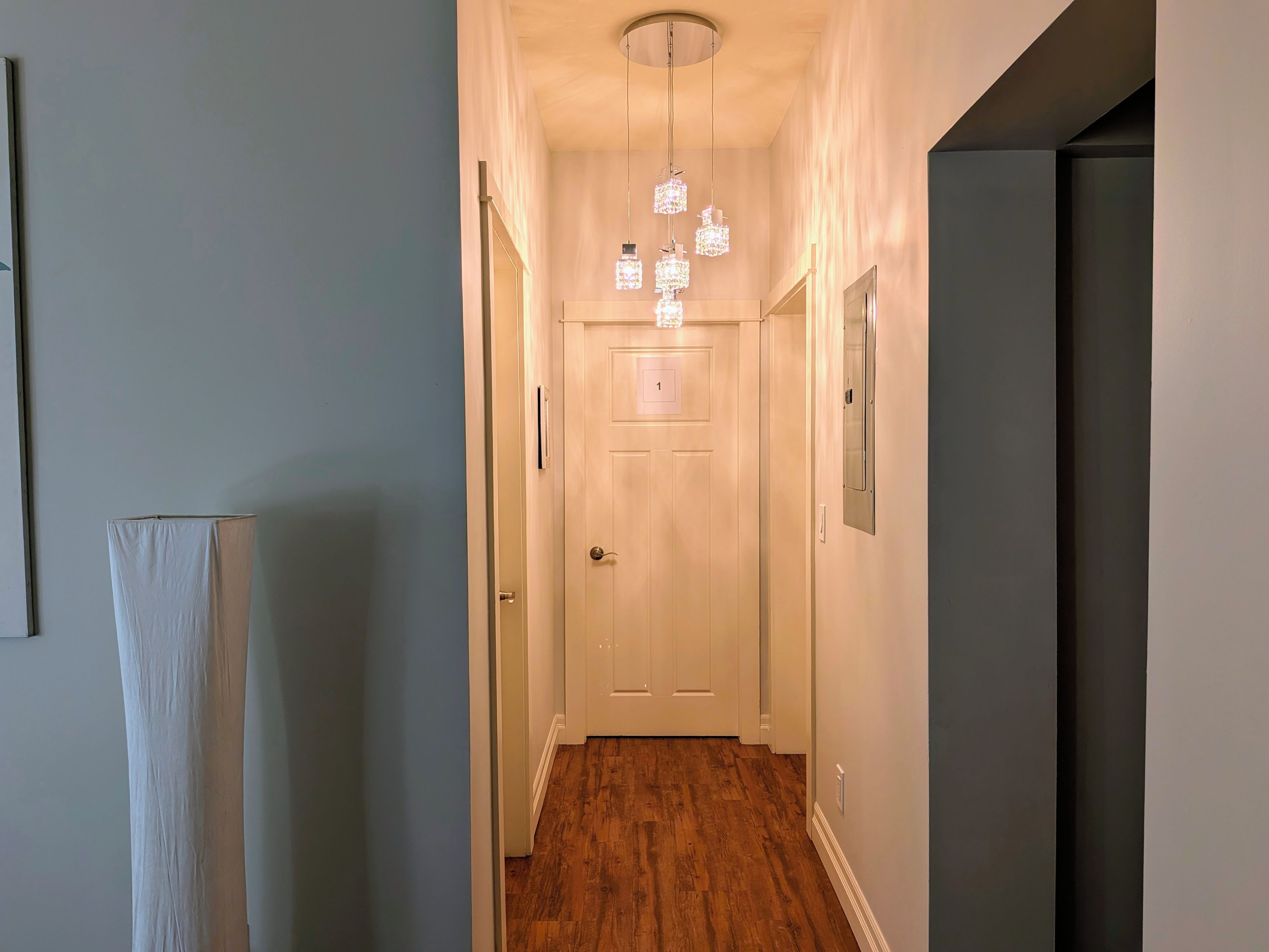 A hallway with a wooden floor, a white door, and a hanging light fixture.