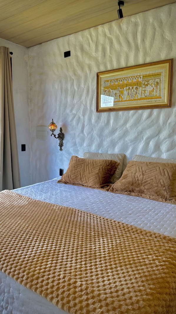 A bedroom with a bed, pillows, a wall-mounted lamp, and a framed picture.