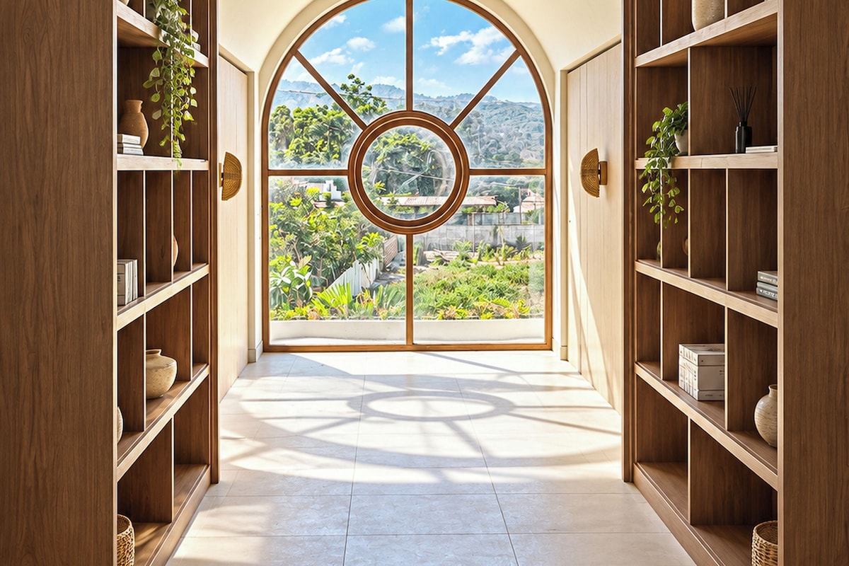 A hallway with a large arched window, wooden shelving on both sides, and a view of greenery outside.
