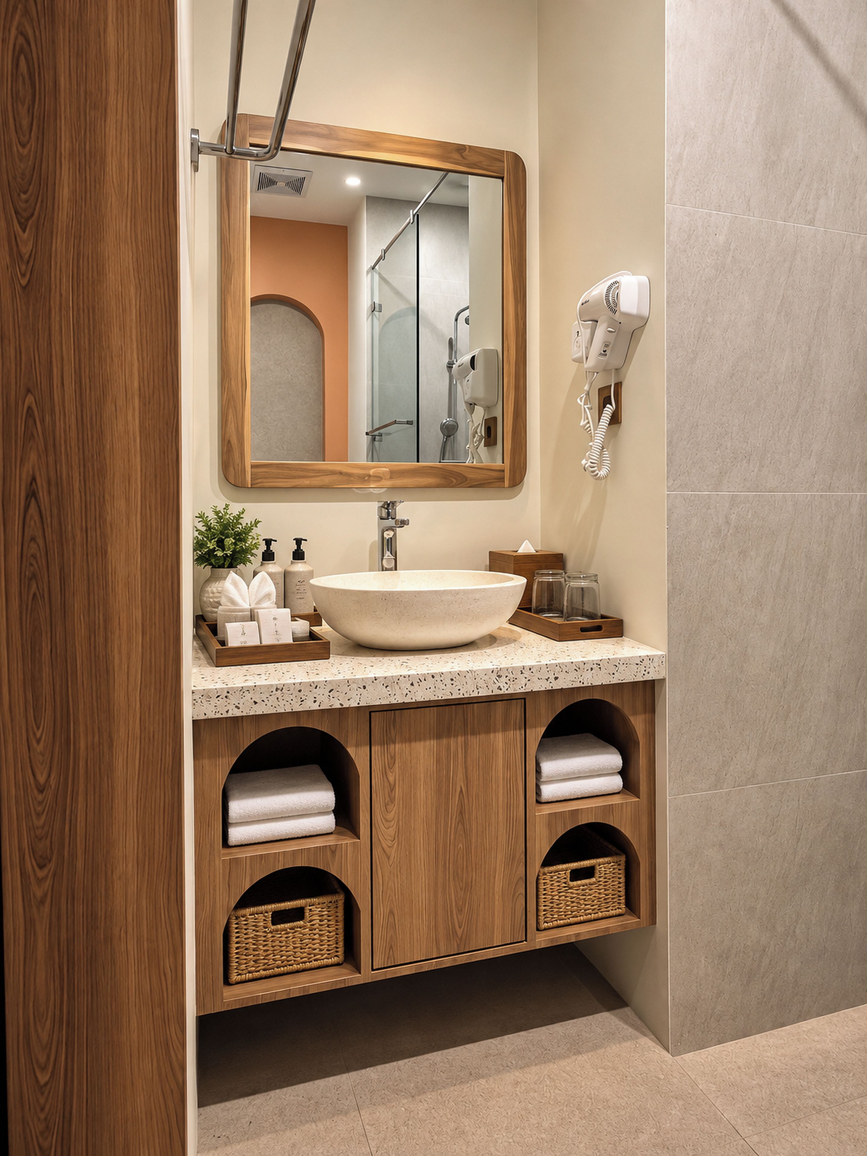 A bathroom with a wooden vanity, a large mirror, a sink, a hairdryer, and storage baskets.