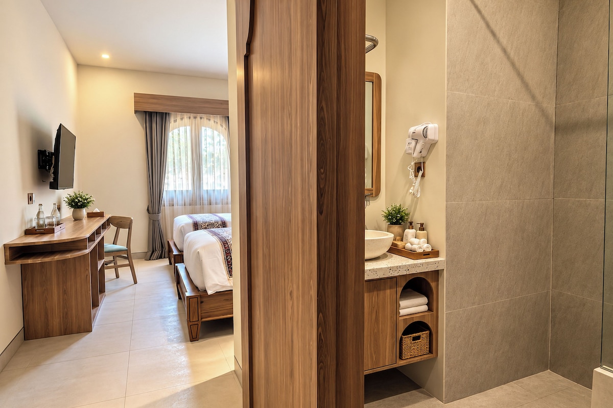 A hotel room with a wooden desk, a bed, a bathroom with a sink and mirror, and a shower area.
