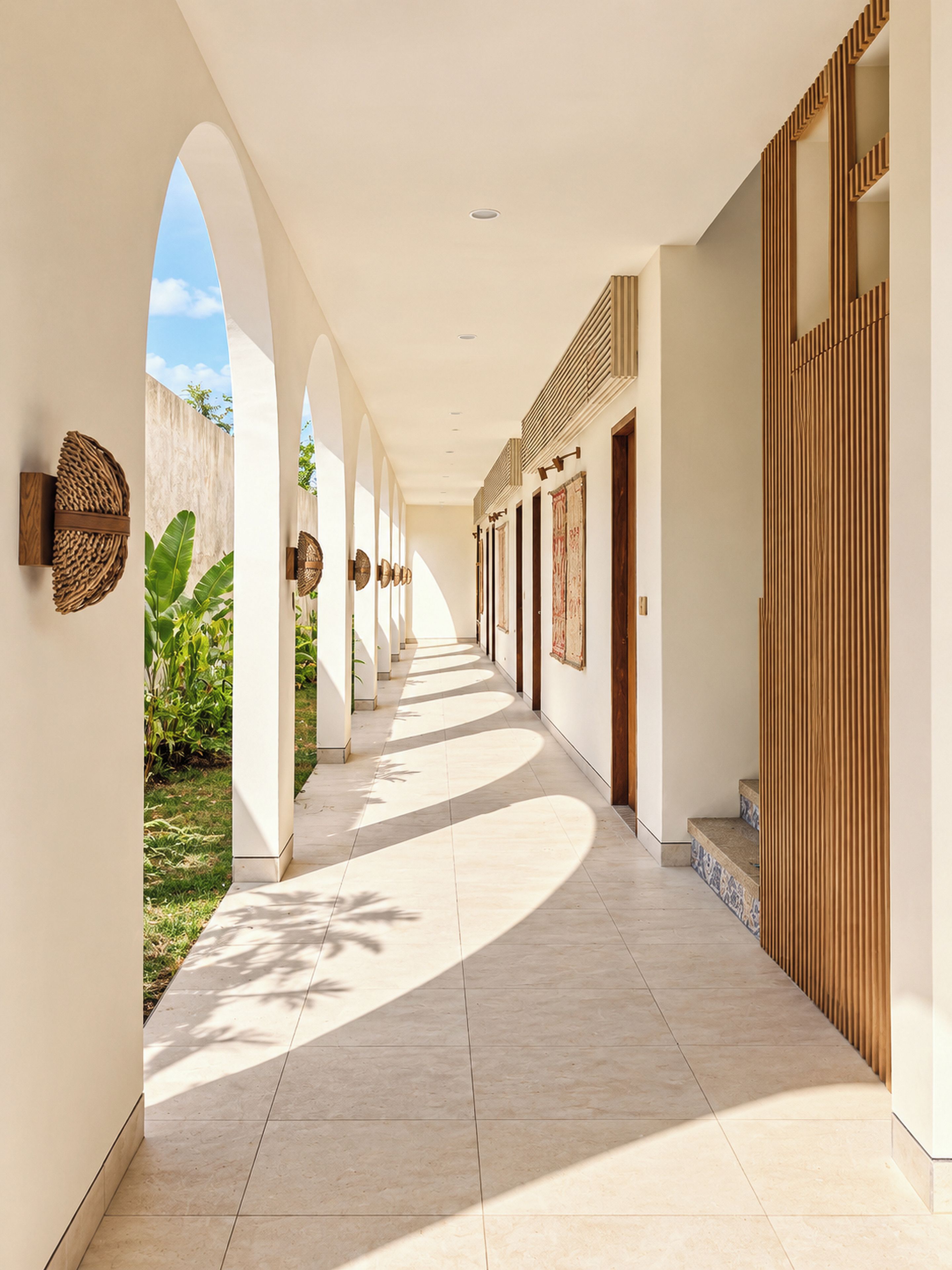 A corridor with arches, tiled flooring, and a view of greenery outside.