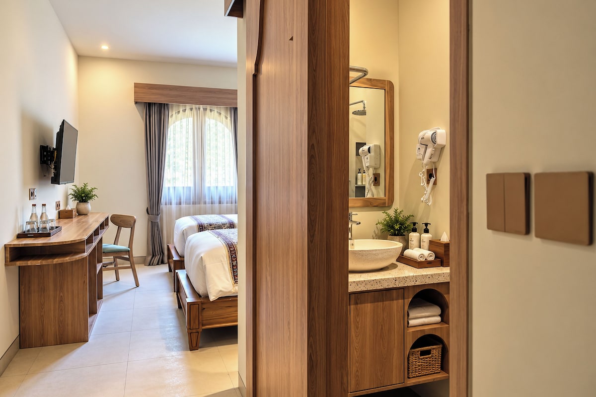 A hotel room with a wooden desk, a bed, a bathroom with a sink and mirror, and a TV mounted on the wall.