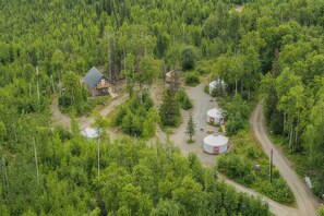 A remote cabin surrounded by dense forest, with a dirt path leading to it.