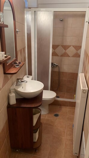 Un baño con lavamanos, inodoro, ducha y espejo.