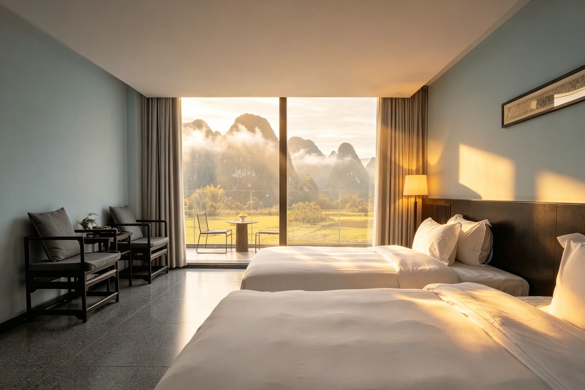 A hotel room with a large bed, a desk, and a chair, with a view of mountains and a field.