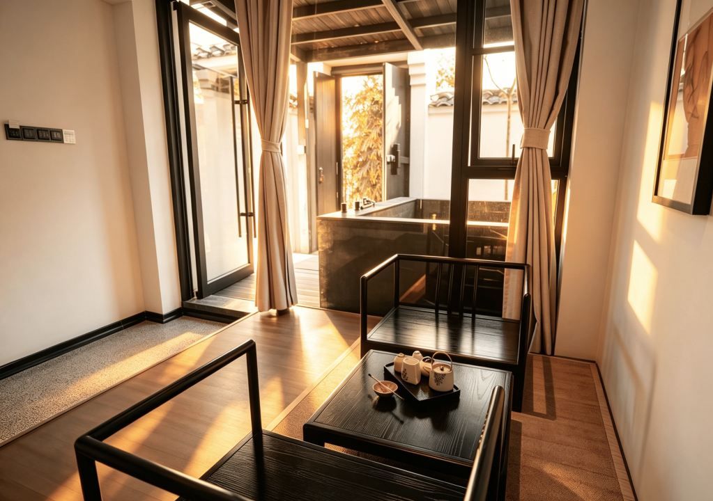 Una habitación con piso de madera, una mesita con juego de té, una puerta corrediza que da a un balcón y un cuadro enmarcado en la pared.