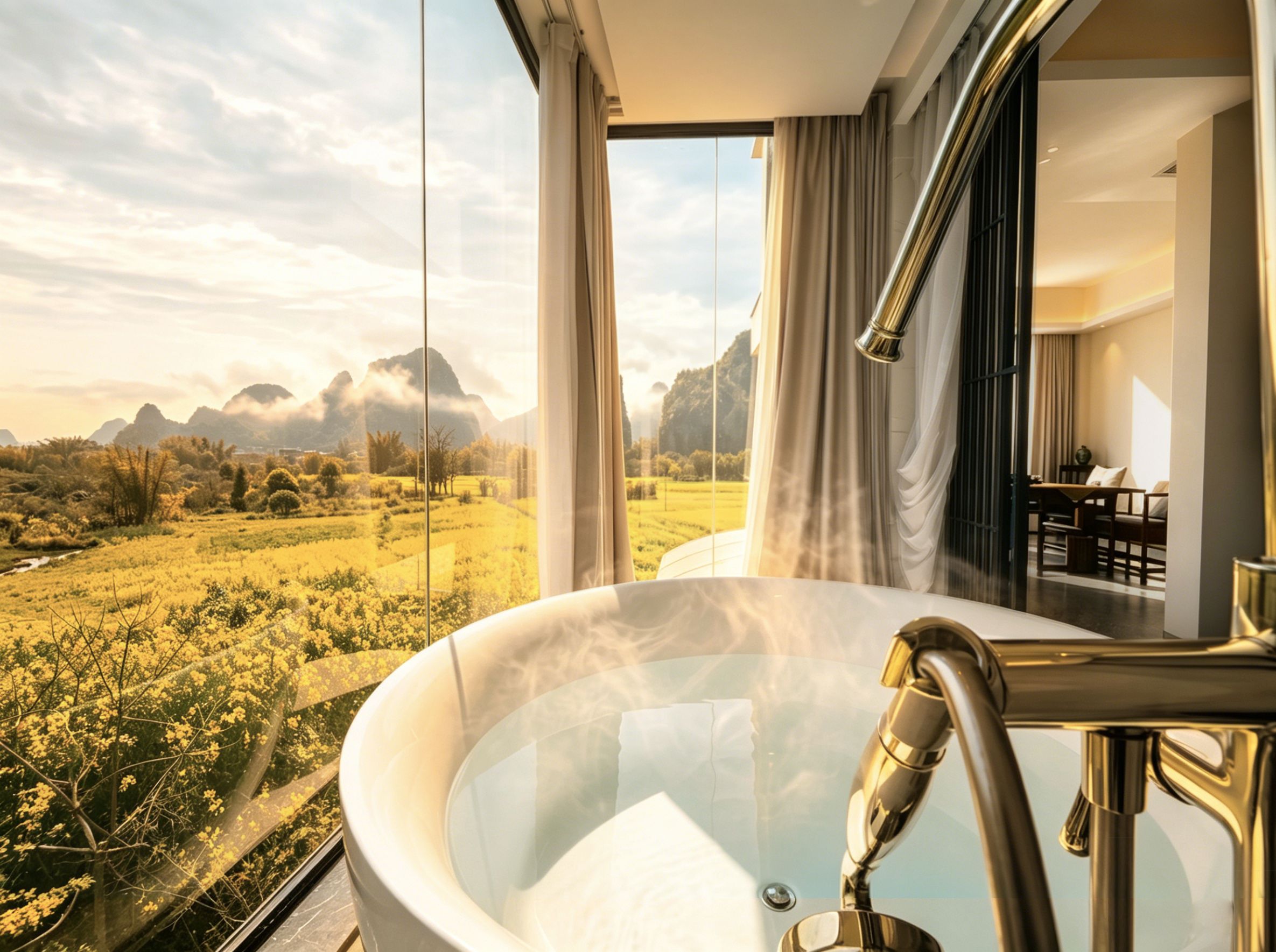 A modern bathroom with a large bathtub, a view of a mountainous landscape, and a dining area visible through the window.