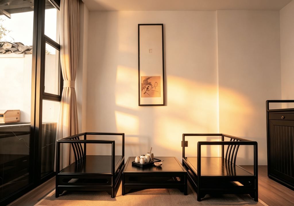 Una habitación minimalista con dos sillas negras, una mesita con un hervidor y un cuadro en la pared.
