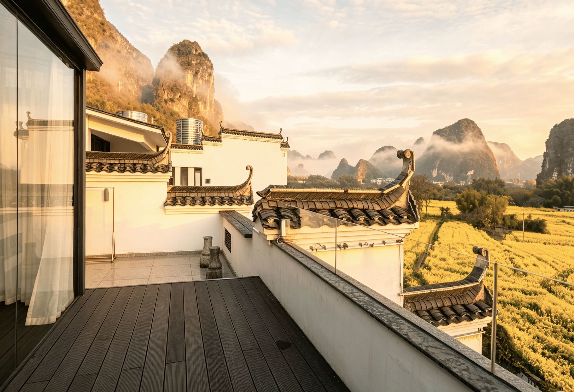Ein traditionelles chinesisches Gebäude mit einem geneigten Dach und einem modernen Anbau mit flachem Dach.