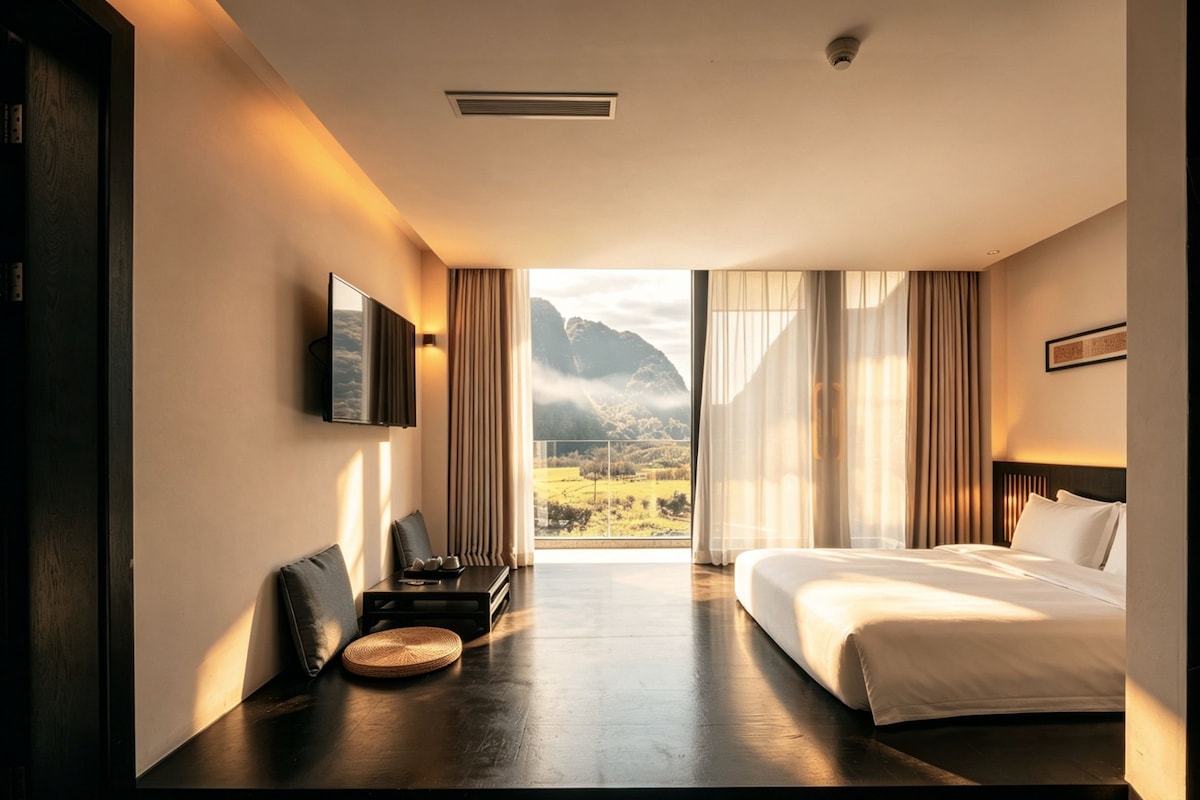 A hotel room with a bed, a desk with a chair, a television, and a large window with curtains.