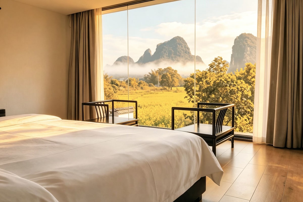 A bedroom with a large bed, a view of mountains through a window, and a table with chairs.