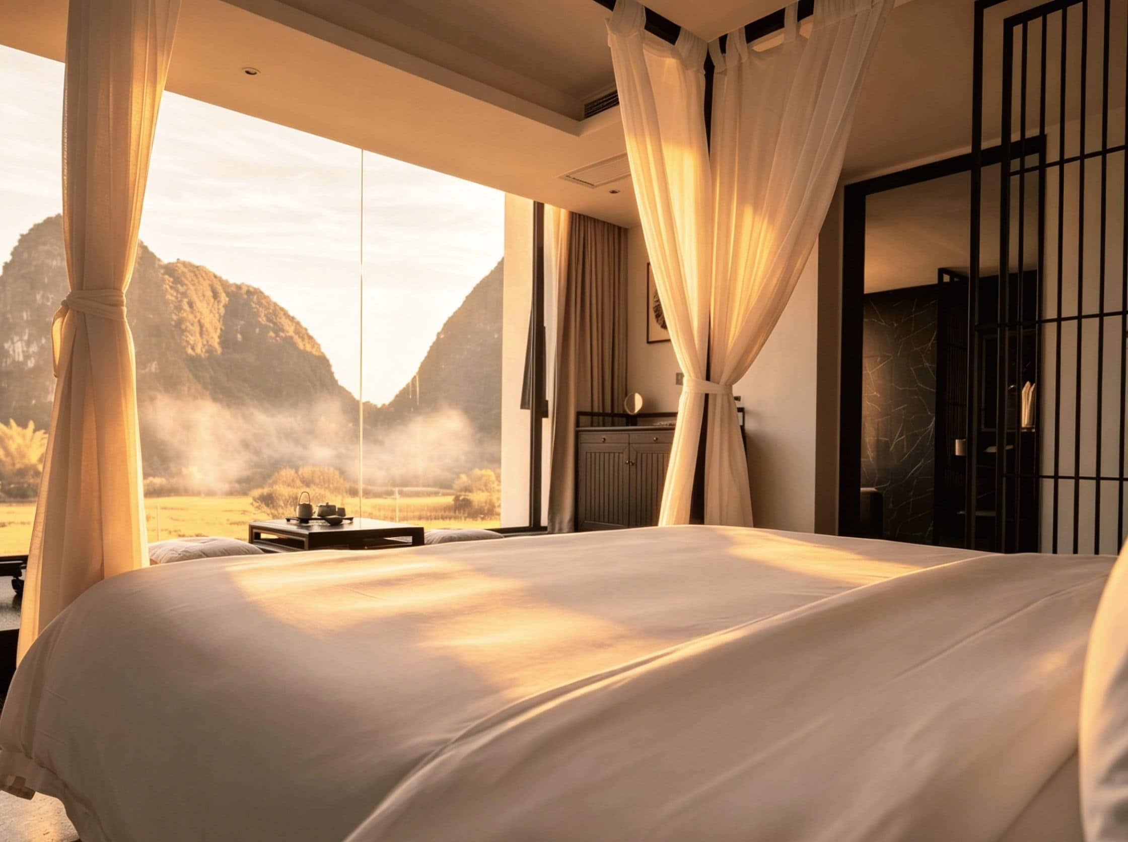 Un grand lit avec vue sur les montagnes, des rideaux et une table avec une théière.