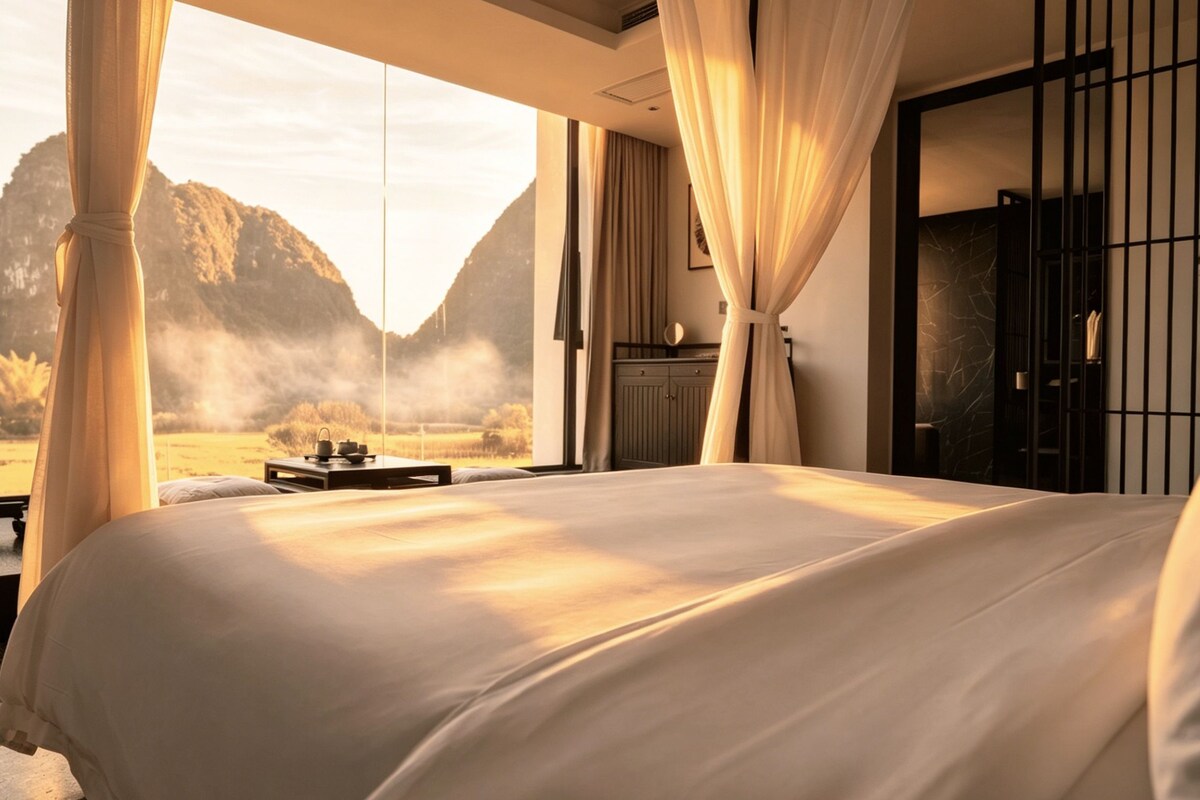 A large bed with a view of mountains, curtains, and a table with a teapot.