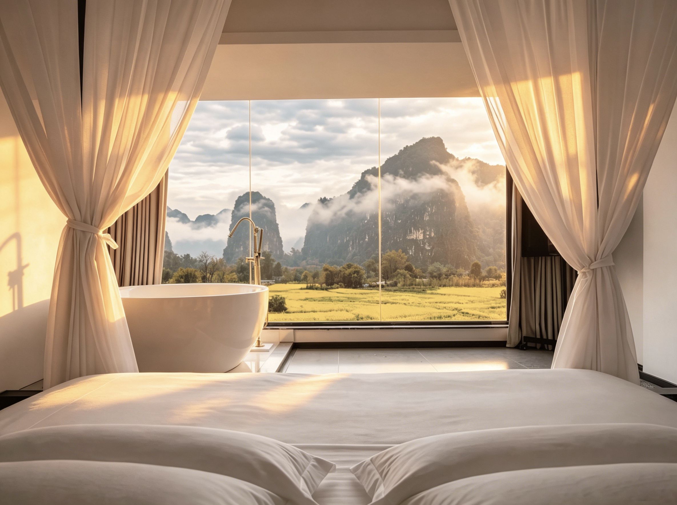 A bedroom with a large bed, a bathtub, and a view of mountains through a window.