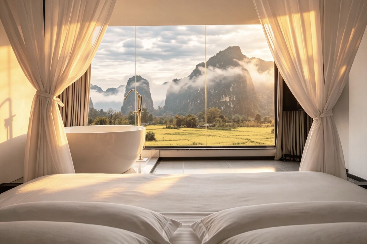 A bedroom with a large bed, a bathtub, and a view of mountains through a window.
