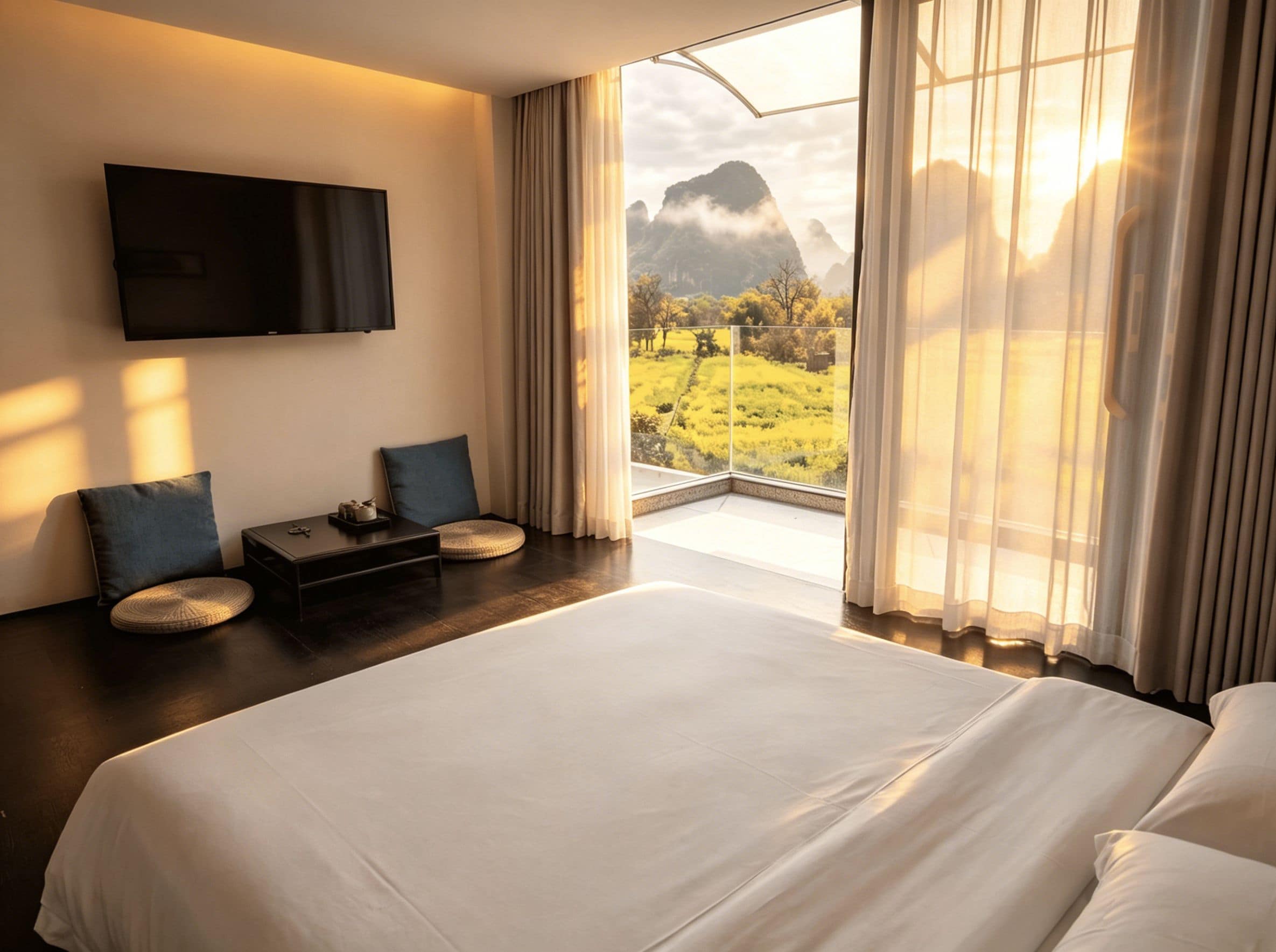 A bedroom with a large bed, a flat-screen TV mounted on the wall, a small table with two chairs, and a view of a mountainous landscape through sheer curtains.