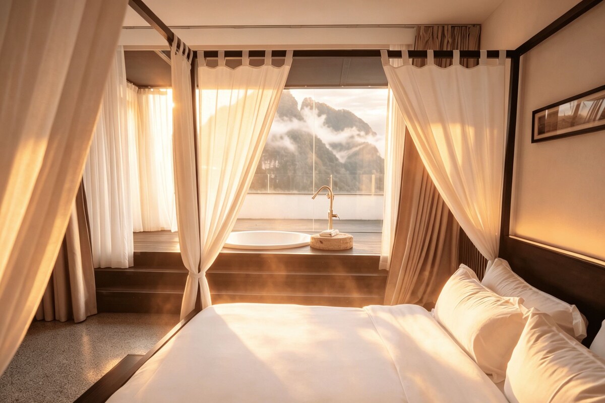 A hotel room with a bed, curtains, a view of mountains, and a window with a sink.