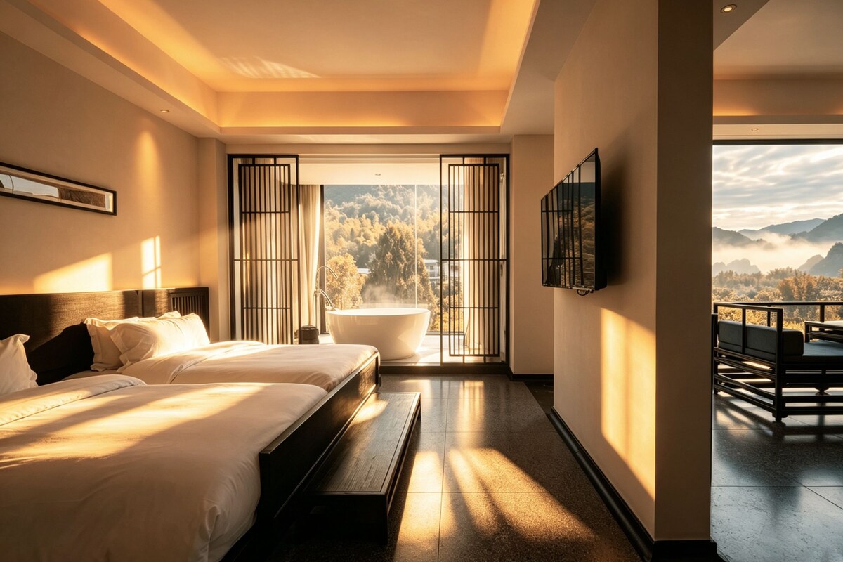 A modern hotel room with two beds, a bathtub, and a balcony with a mountain view.
