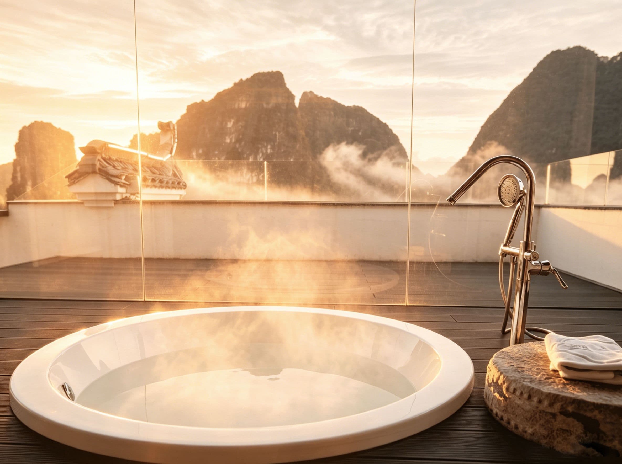A hot tub on a wooden deck with a mountain view.