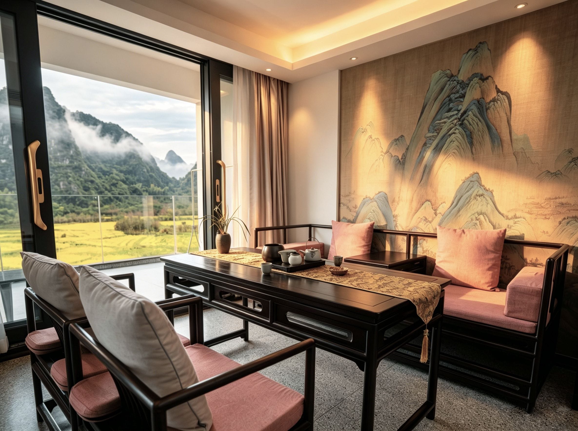 A modern interior with a dining area, a view of mountains, and a traditional painting on the wall.