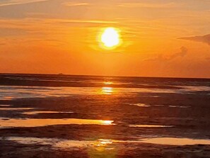 Ein Sonnenuntergang über einem Strand mit ruhigem Wasser, das den Himmel spiegelt.