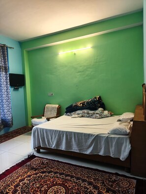 A room with a bed, a nightstand, a television, and a patterned rug. - The Raulane Homestay (Reckong Peo)