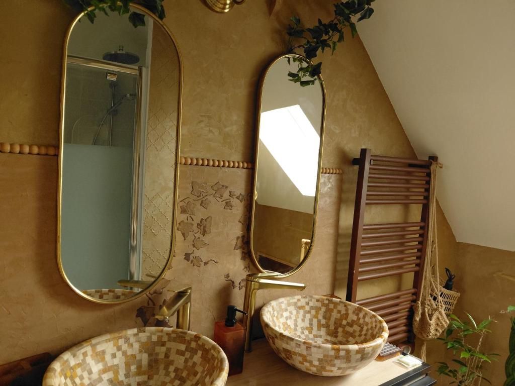 Une salle de bain avec un grand miroir, deux vasques, un porte-serviettes et une douche.