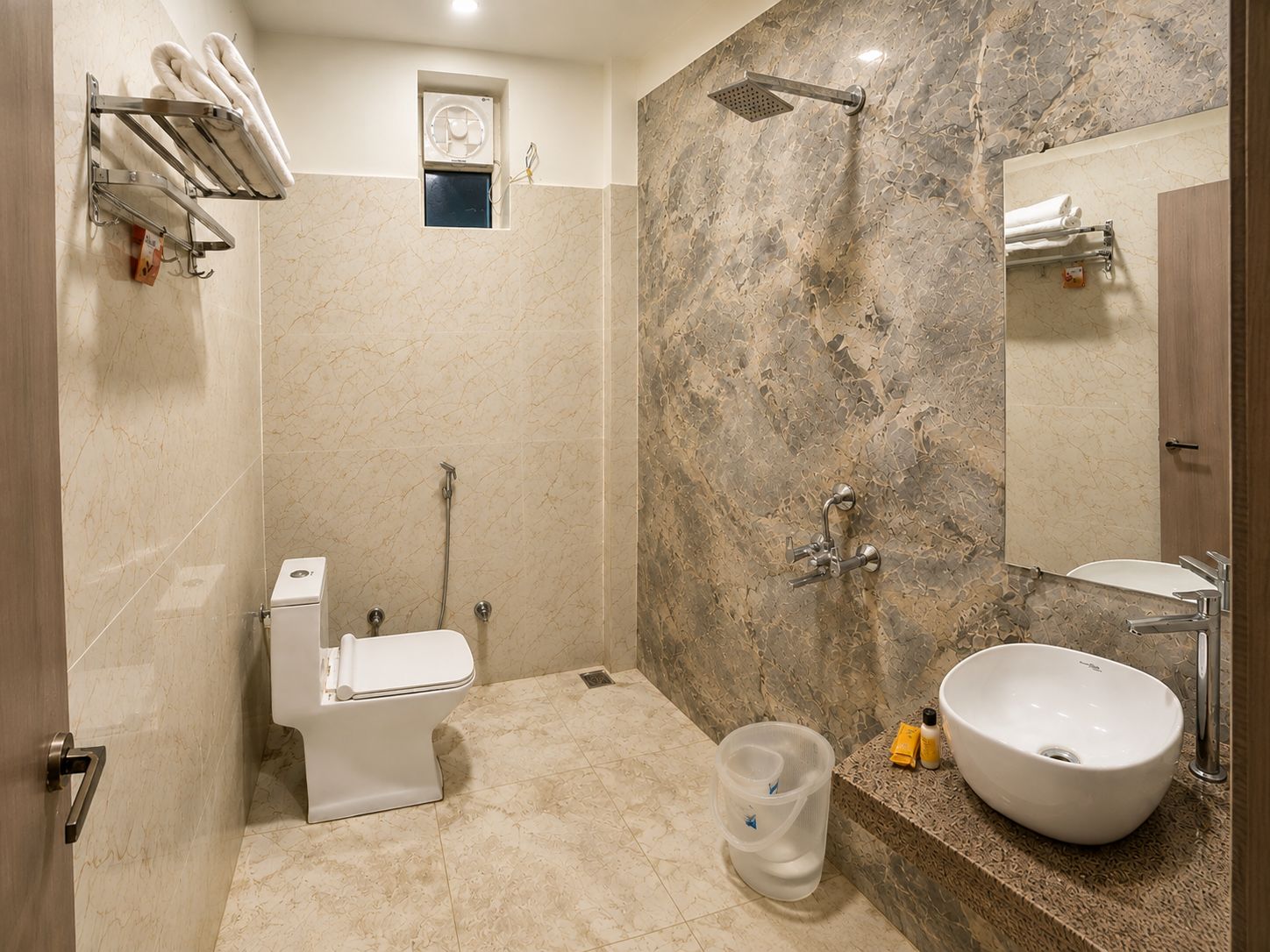 Shower, towels, soap, shampoo