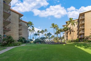 A hotel courtyard with a well-maintained lawn, palm trees, and a clear blue sky. - 1BD Garden View Retreat with AC Near South Maui Beaches- Kauhale Makai 108 (Kihei)
