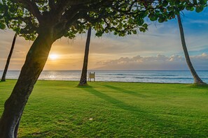 A grassy area with a sign and trees, overlooking a body of water. - Ground-Floor 1BD, Garden Views at Oceanfront Resort Sleeps 4-Papakea D105 (Lahaina)