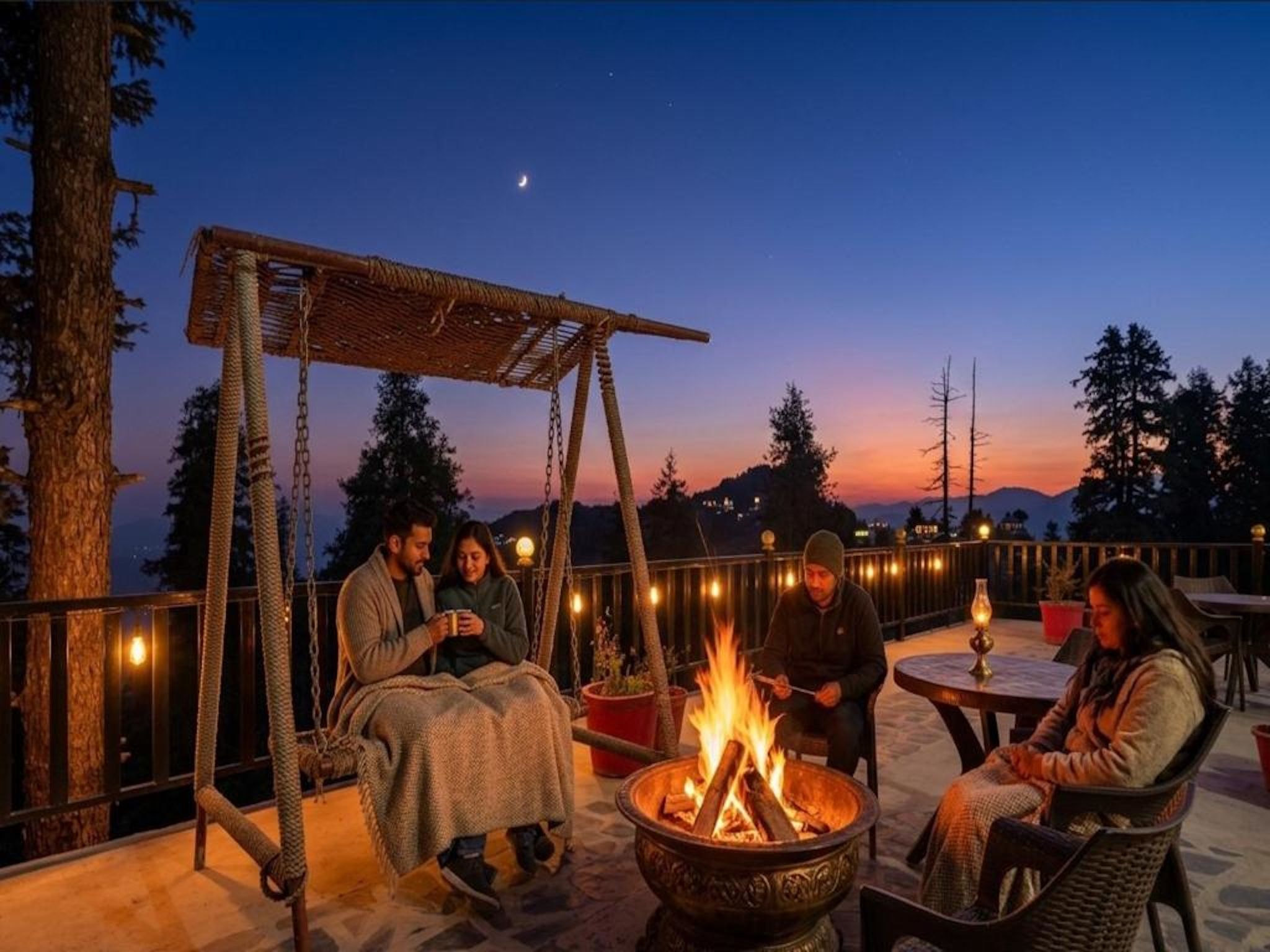 Un grupo de personas sentadas alrededor de un brasero en un patio al aire libre, con una hamaca y luces colgantes.