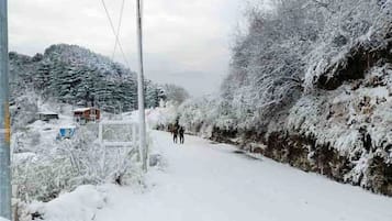 Una carretera cubierta de nieve con un poste de servicios y una señal.