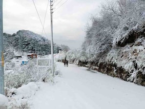 A snow-covered road with a utility pole and a signpost. - LA Riqueza Kanatal (Tehri)
