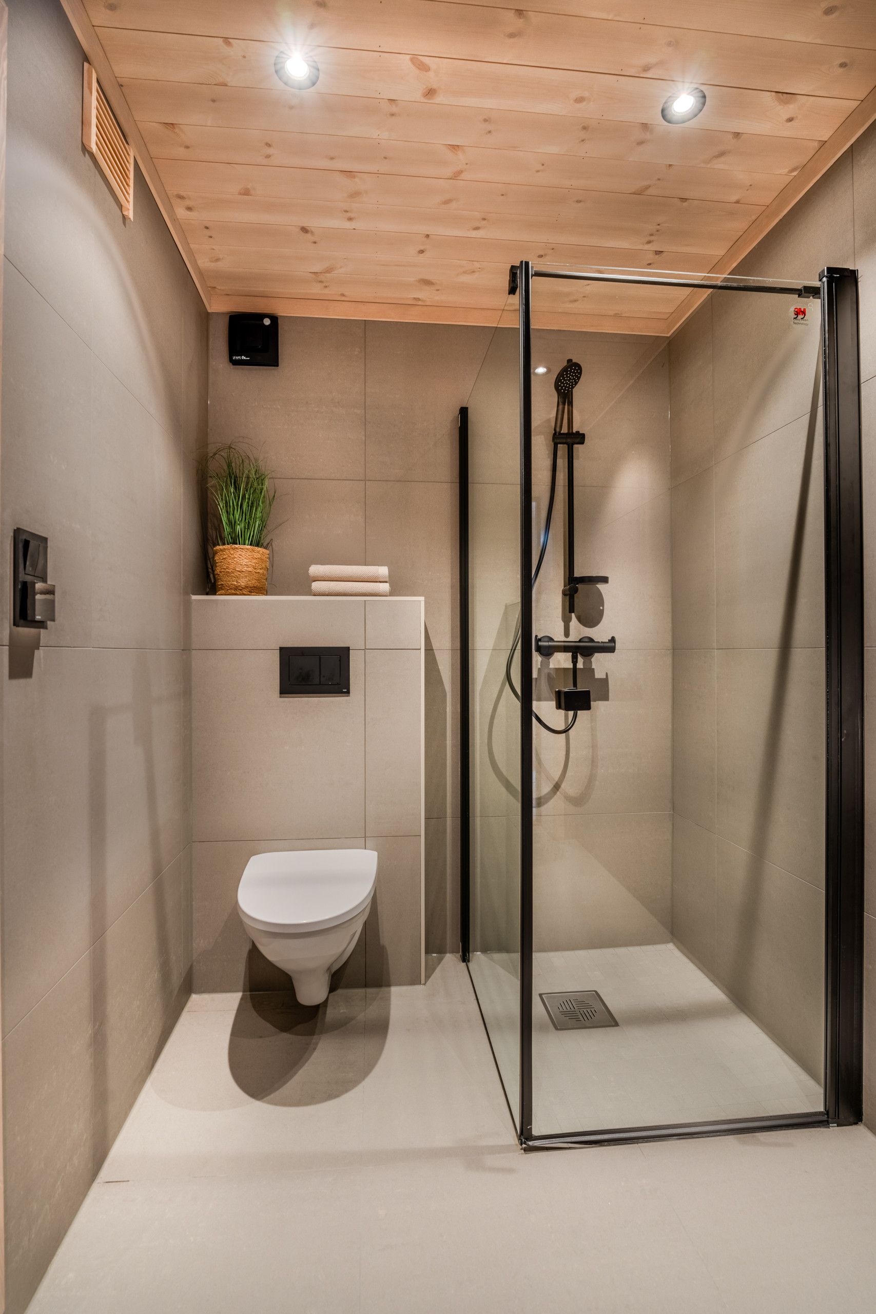 Une salle de bain moderne avec une douche à parois de verre, des toilettes et un lavabo agrémenté d’une plante posée sur le plan de travail.