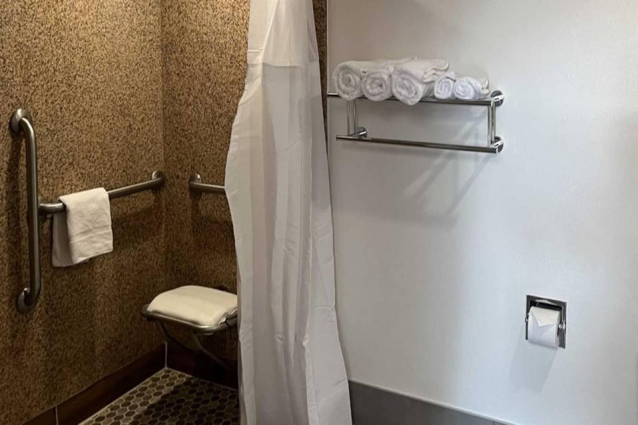 A bathroom with a toilet, a handrail, a towel rack, and a shower curtain.