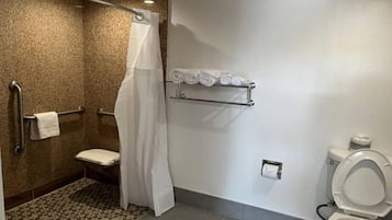 A bathroom with a shower, toilet, and towel rack.