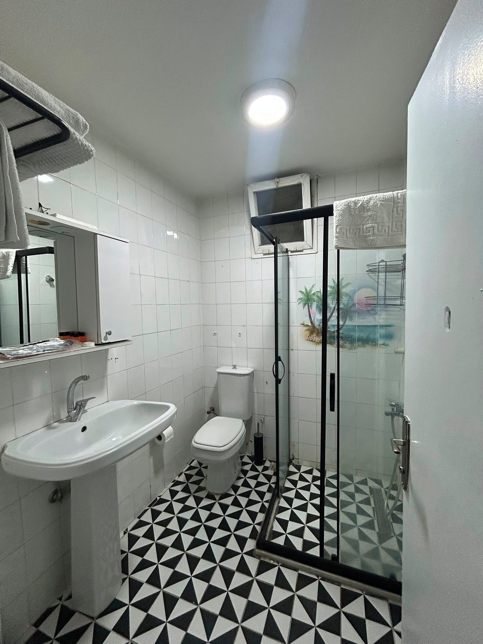 A bathroom with a white sink, toilet, and shower enclosure.