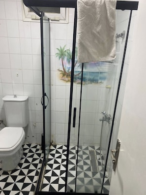 Ein Badezimmer mit Toilette, einer Dusche mit Glastür und einem gefliesten Boden mit geometrischem Muster.