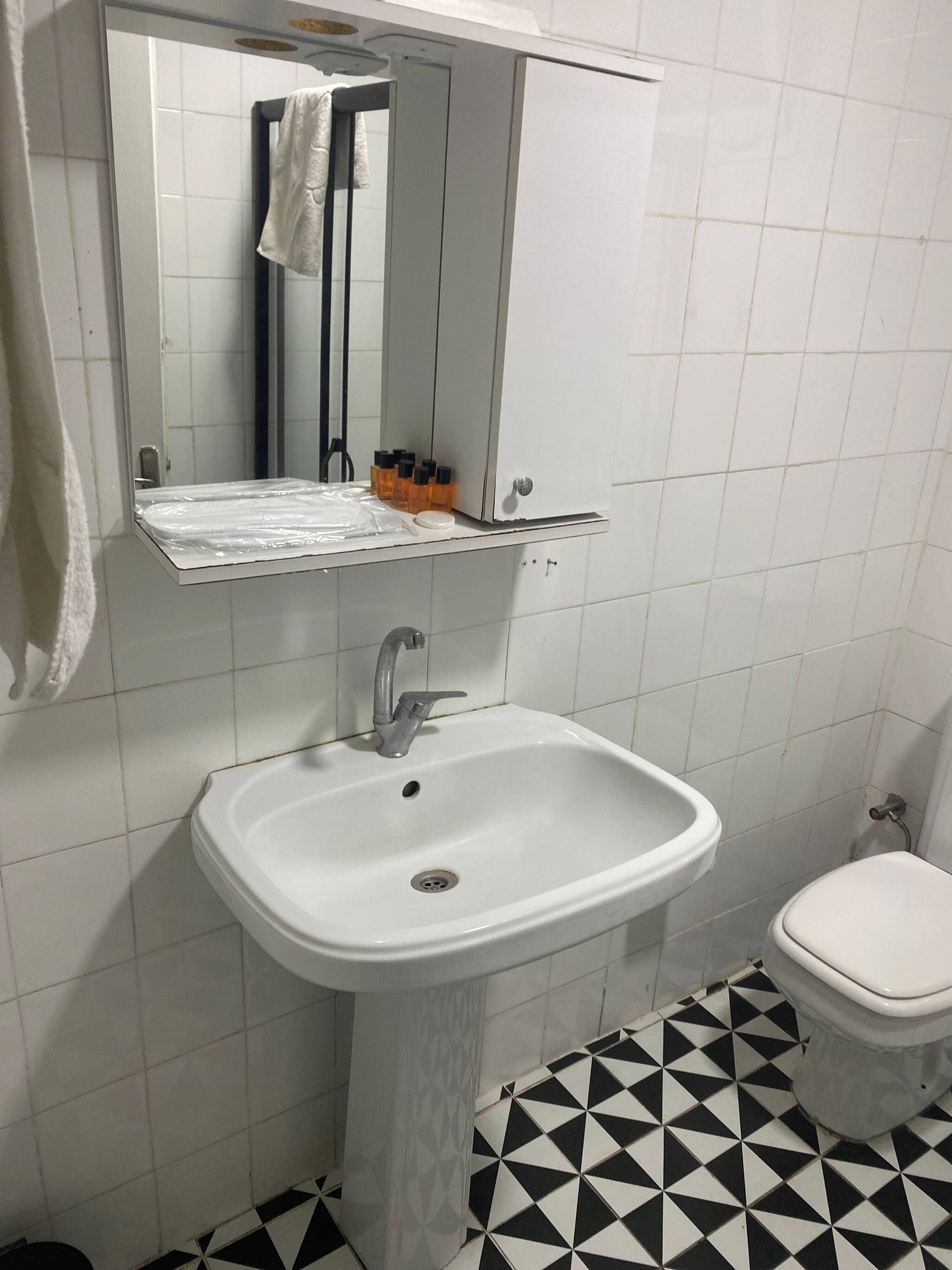 A bathroom with a white sink, a mirror, and a toilet.
