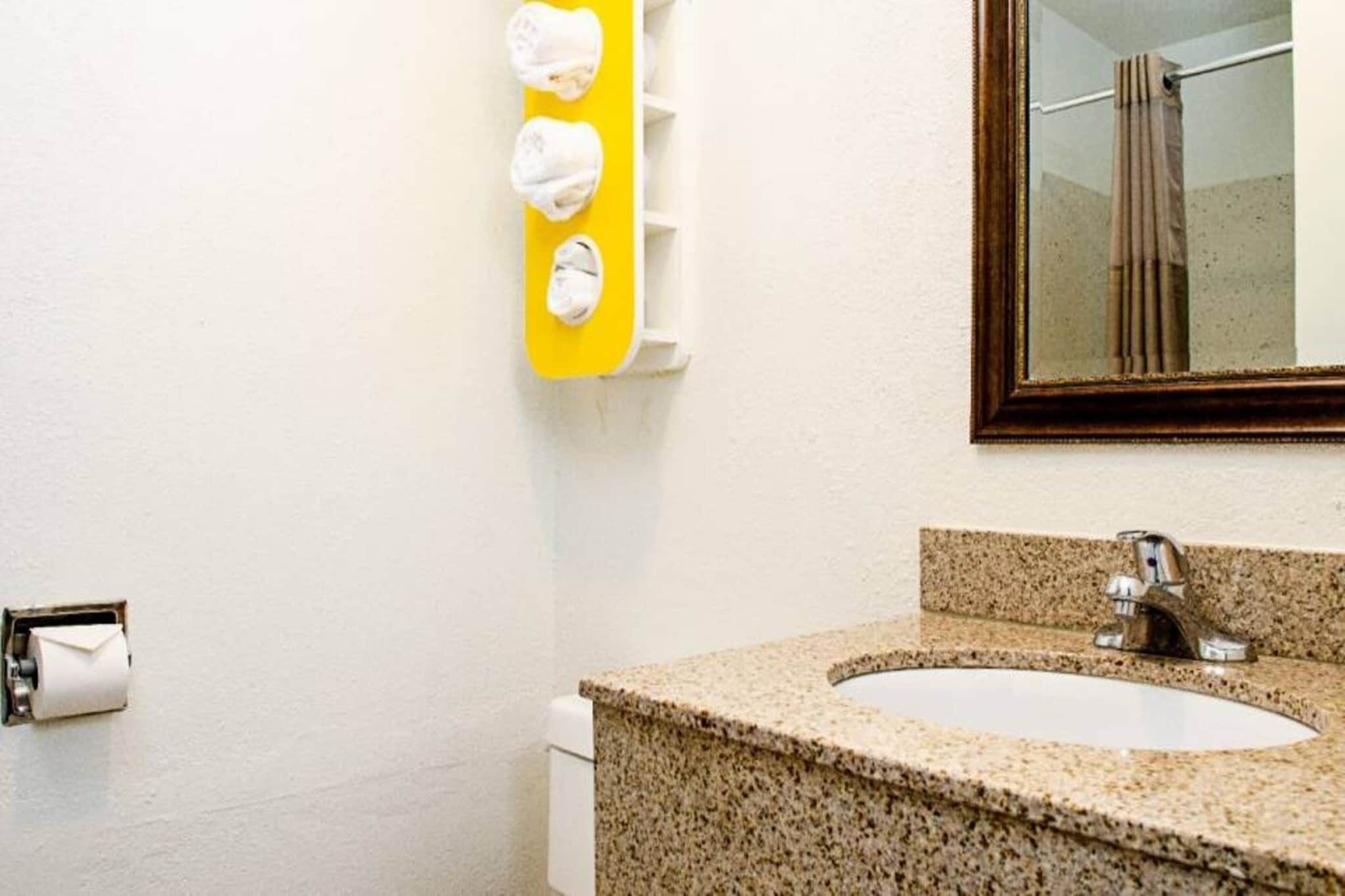 Une salle de bain équipée d’un lavabo, d’un miroir et d’un porte-rouleau de papier toilette.