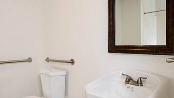 A bathroom with a toilet, a sink, and a mirror.