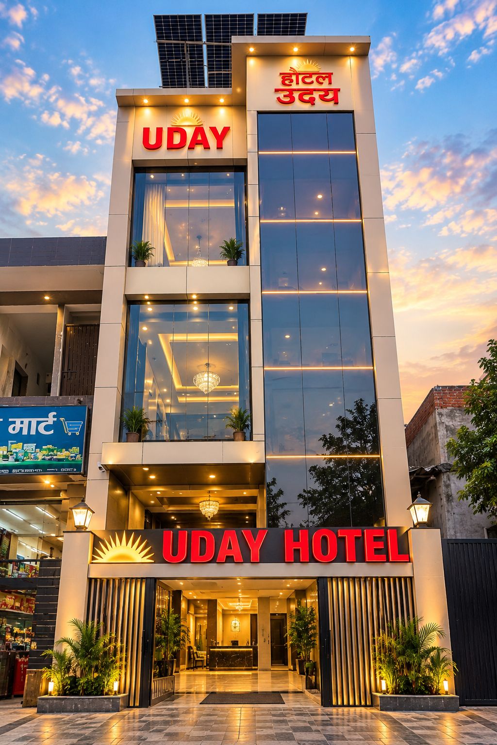 Un hotel con fachada moderna, amplias ventanas y un letrero destacado que dice 'UDAY HOTEL'.