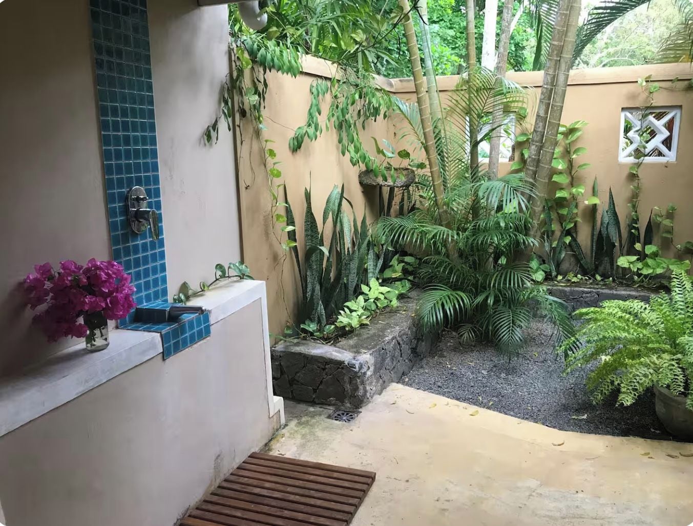 A small outdoor area with a concrete floor, a wooden bench, a potted plant, and a wall with a blue tile section.