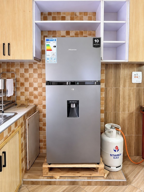 A stainless steel refrigerator with a water dispenser and a gas cylinder. - Serene Harmony Homes (Kampala)