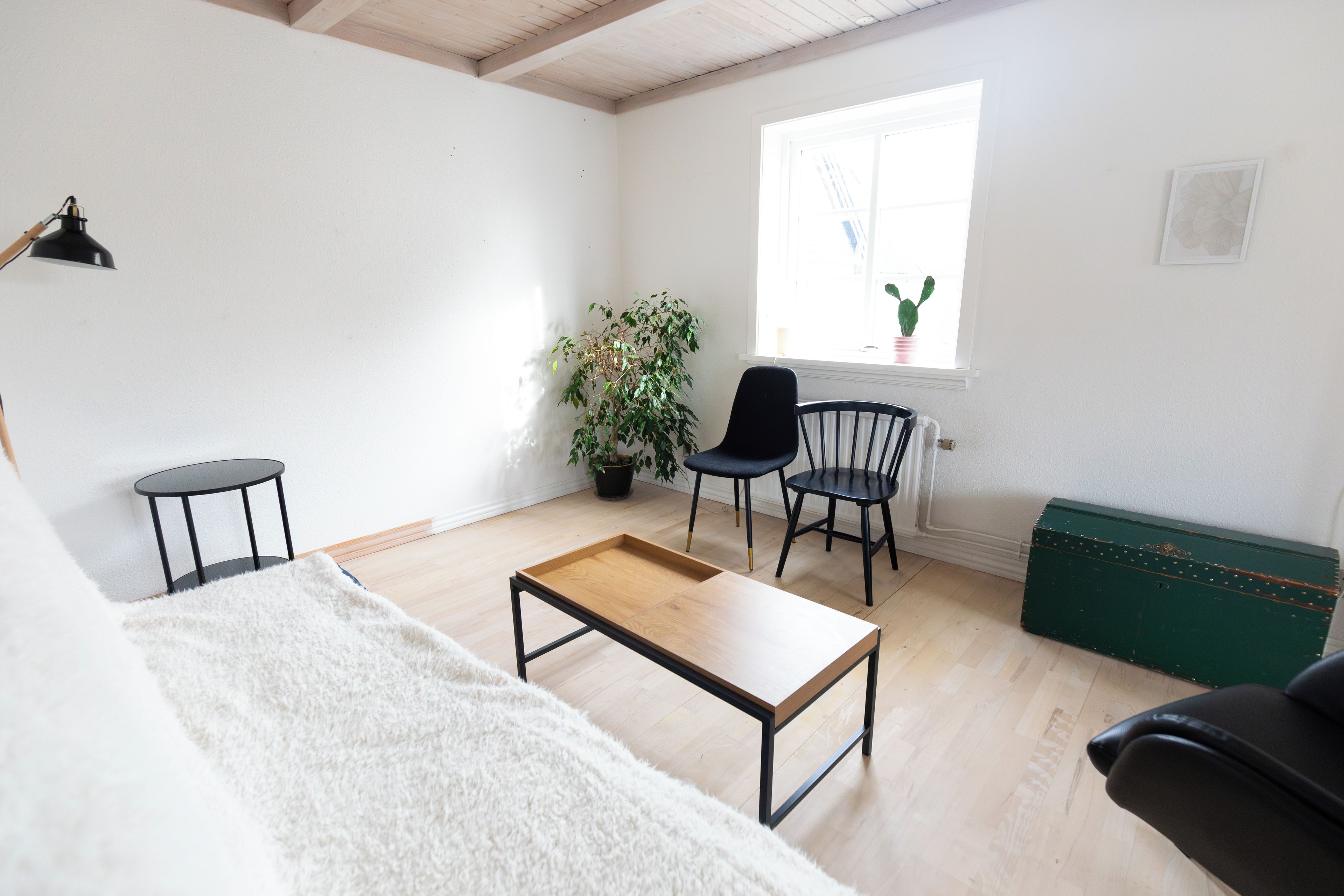 A room with a wooden floor, a white sofa, a small table, two chairs, a potted plant, and a window with a view.