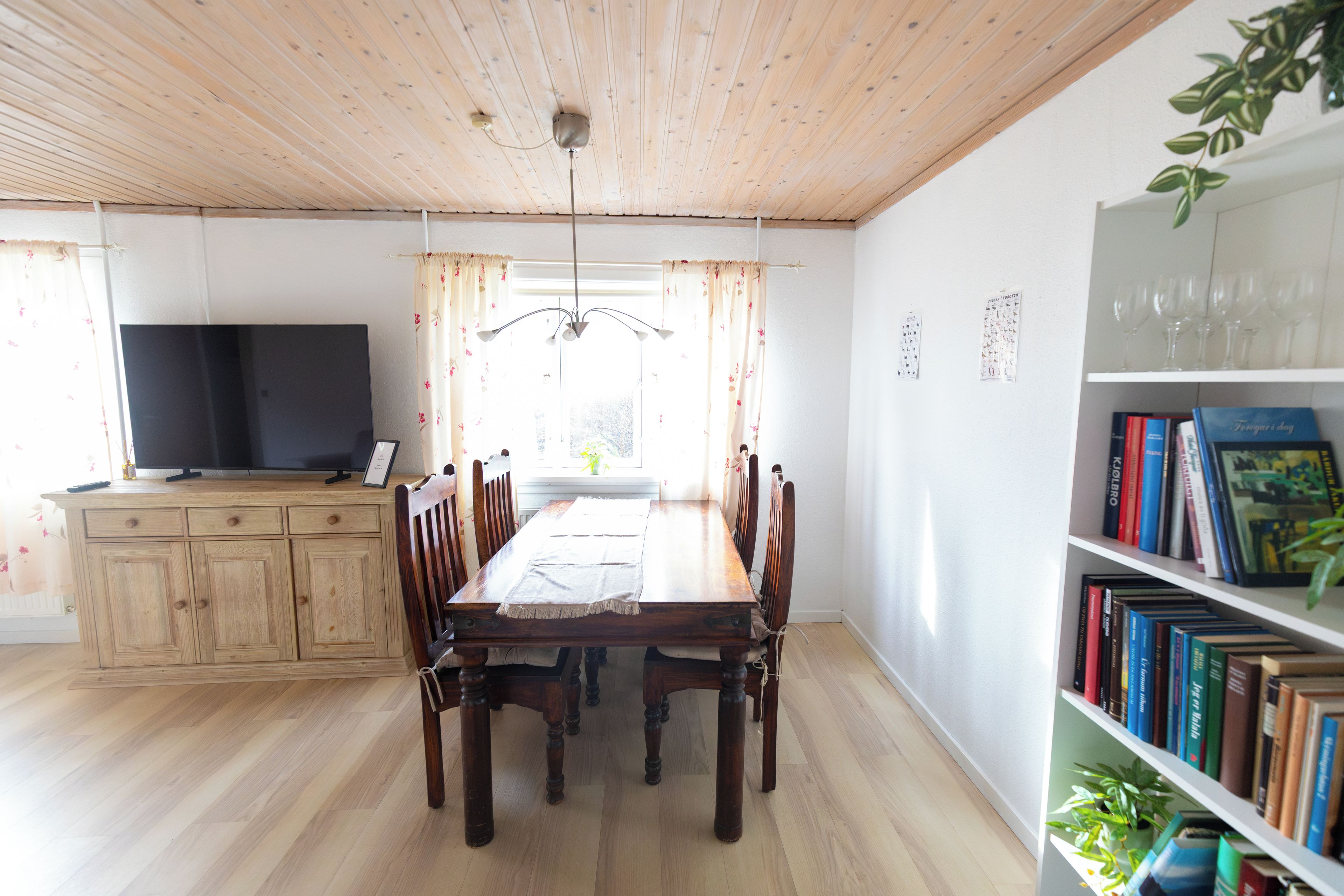 A dining area with a wooden table and chairs, a television on a cabinet, and a bookshelf with books and a plant.
